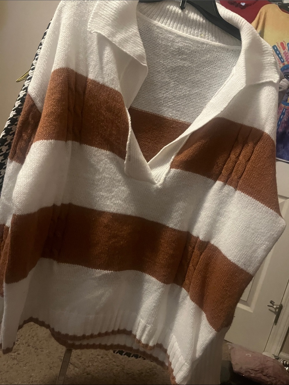 SHEIN White & Brown Striped V-Neck Pullover Sweater - Picture 3 of 6